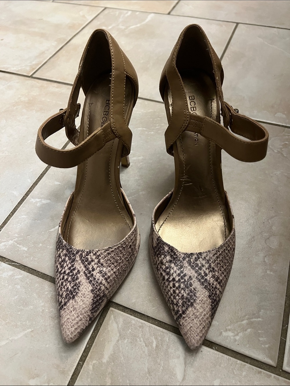 BCBGeneration Brown & Tan Snake-Print Pointed Ankle-Strap Heels